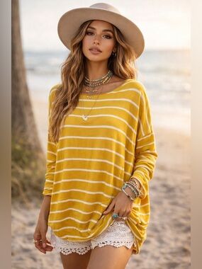 Ella Mara Yellow Striped Top Womens Rayon Spandex Elbow Patch Long Sleeve